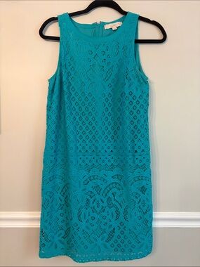 LOFT Teal Lace Sleeveless Shift Dress